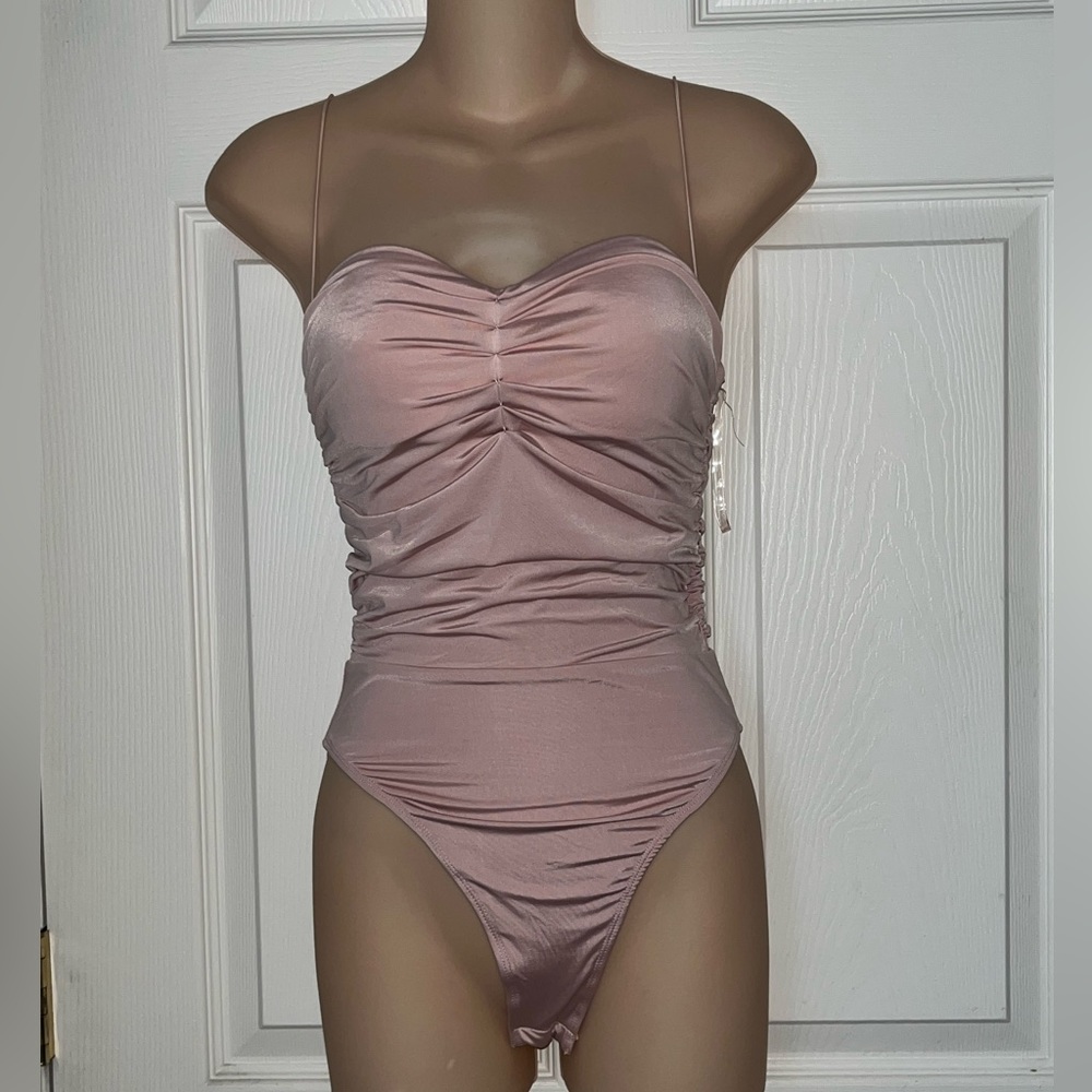 Salty Pink Sleeveless Shiny High Cut Ruched Bodysuit